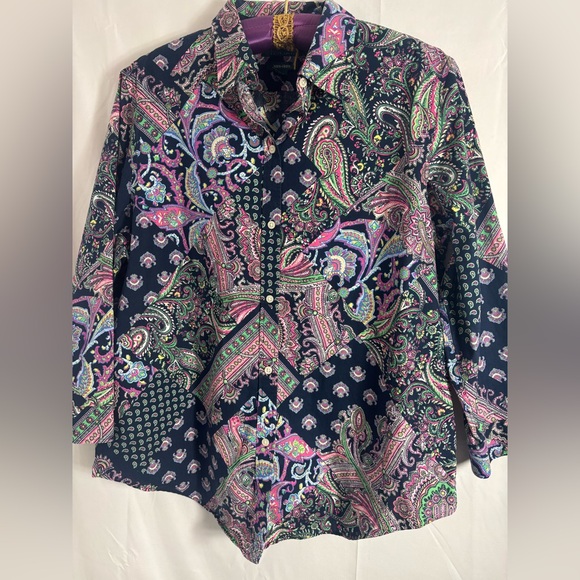 Women’s 100% Cotton Navy Blue Paisley Patchwork Boho Spring Button Down Size XL - Picture 9 of 13